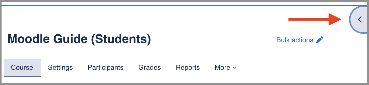 Screenshot of Moodle course site with red arrow pointing to block drawer. 